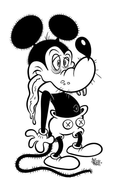 Drunk black-and-white Mickey Mouse with long blistered tongue tattoo design