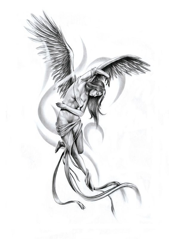 Menina de anjo elegante dançando no design de tatuagem de espaço enrolado