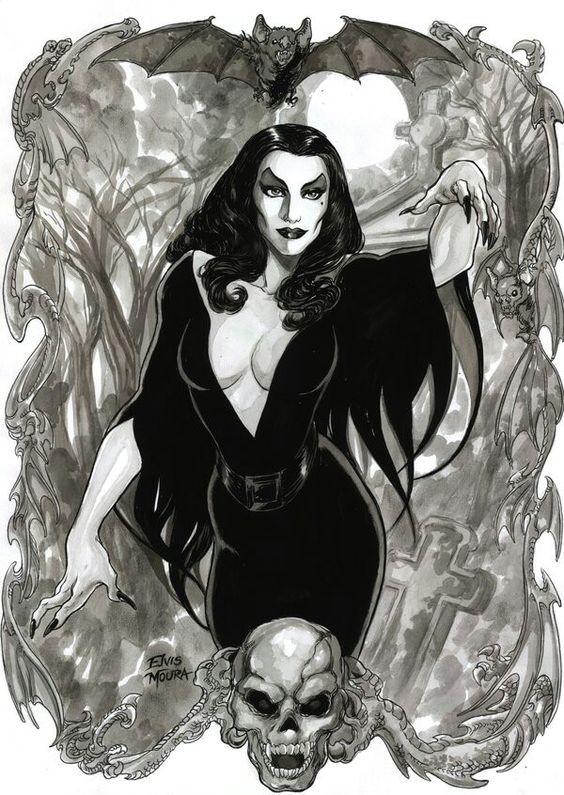 Elegant black-and-grey Martisha vampire with skulls tattoo design