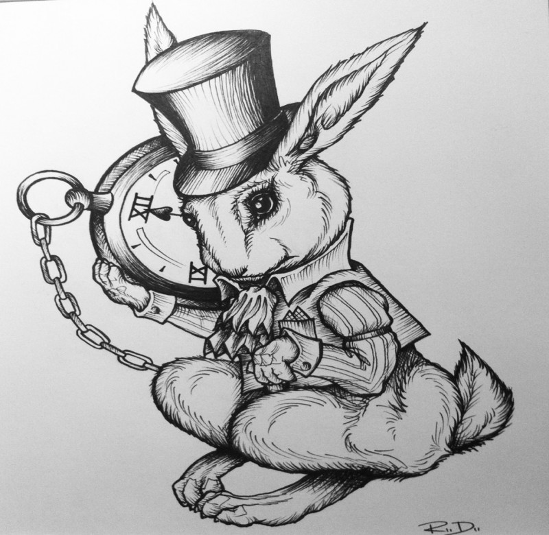 Elegant black-and-white march rabbit listening to his clock tattoo design