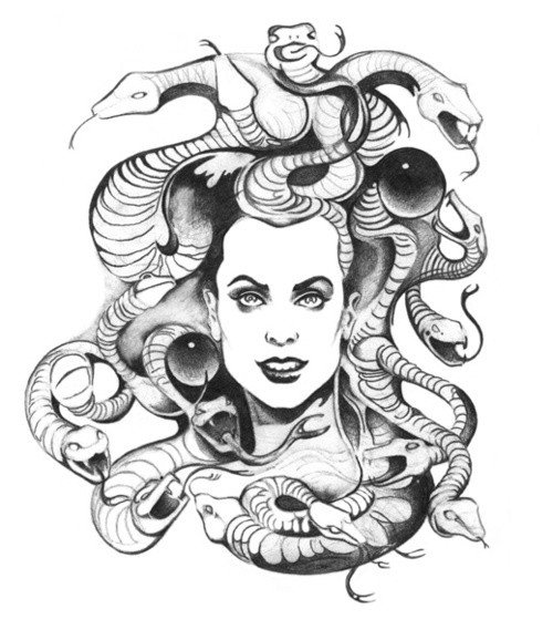 Elegant black-and-white medusa gorgona portrait tattoo design