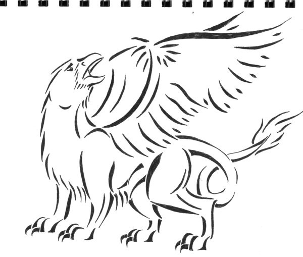 Elegant black-ink griffin figure tattoo design by Circus Fire