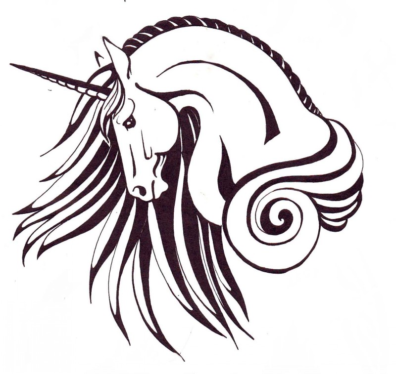 Elegant black-ink unicorn with fluffy mane tattoo design
