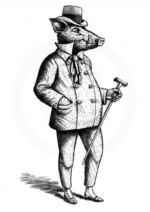 Elegant blak-and-white pig gentleman in luxury suit in hat with stick tattoo design
