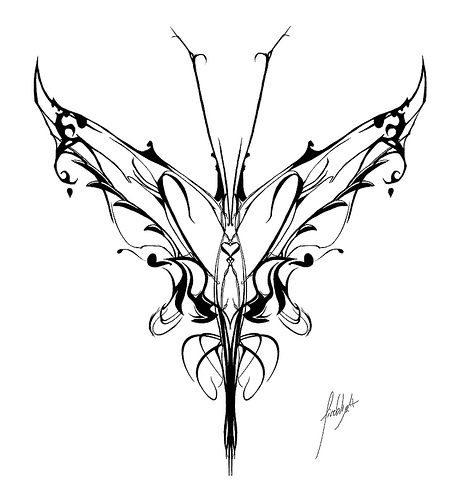 Elegant curly black-line butterfly tattoo design