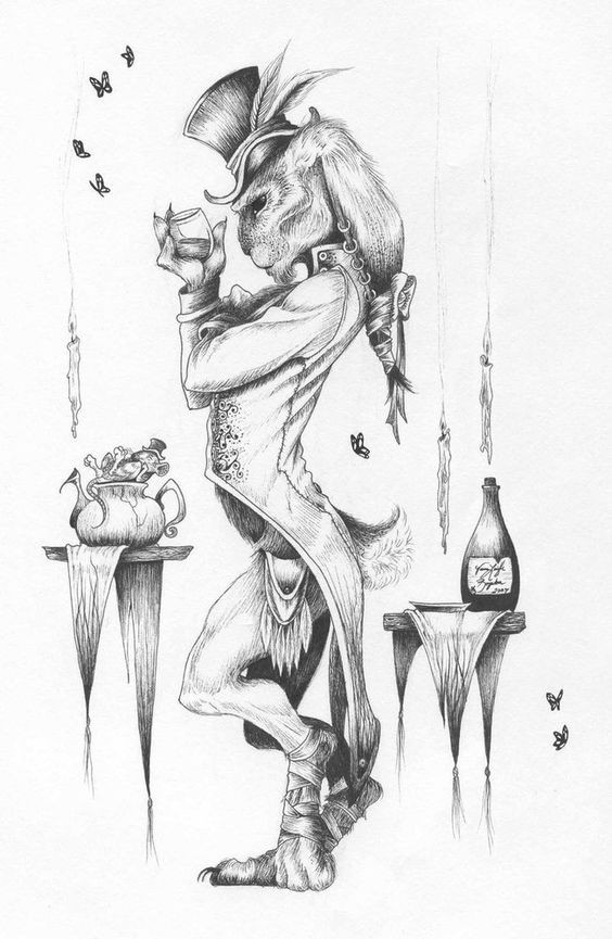 Elegant detailed grey-ink march hare drinking vine tattoo design