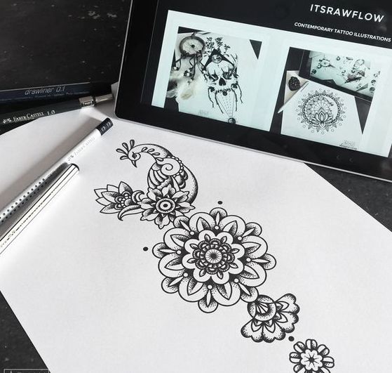 Elegant dotwork peacock with flower row tattoo design