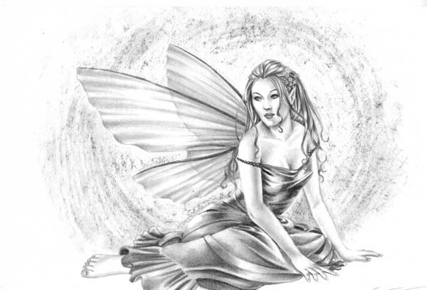 Elegant fairy in luxury dress sitting on shining background tattoo design