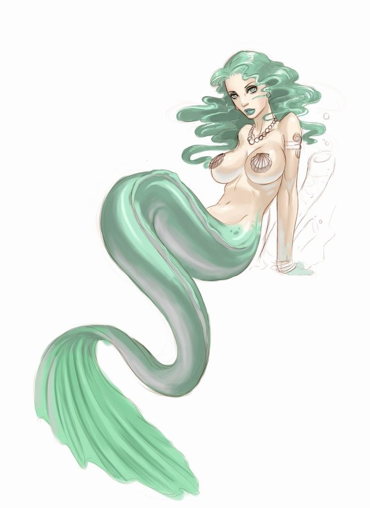 Elegant green long tail mermaid tattoo design by Darthdifa