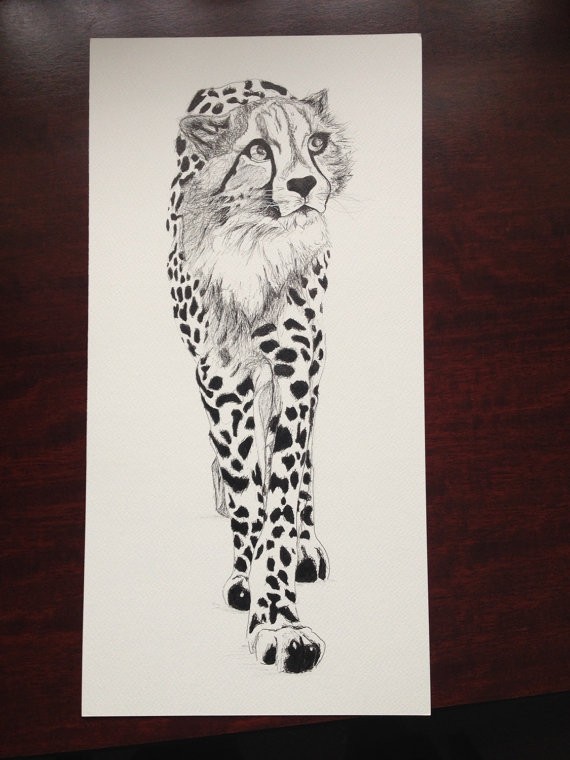 Elegant grey-ink cheetah wathing something tattoo design