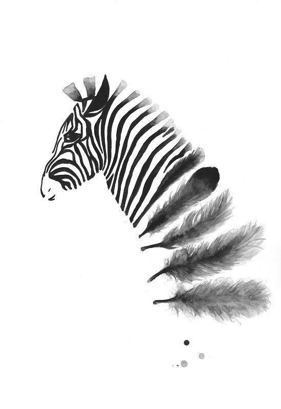 Elegant grey-ink zebra with feather stripes tattoo design