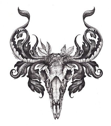 Elegant grey ram skull with herbal leaves tattoo design