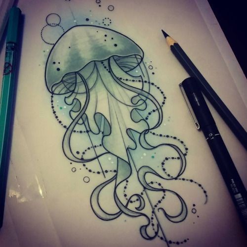 Elegant new school jellyfish in turquoise light tattoo design