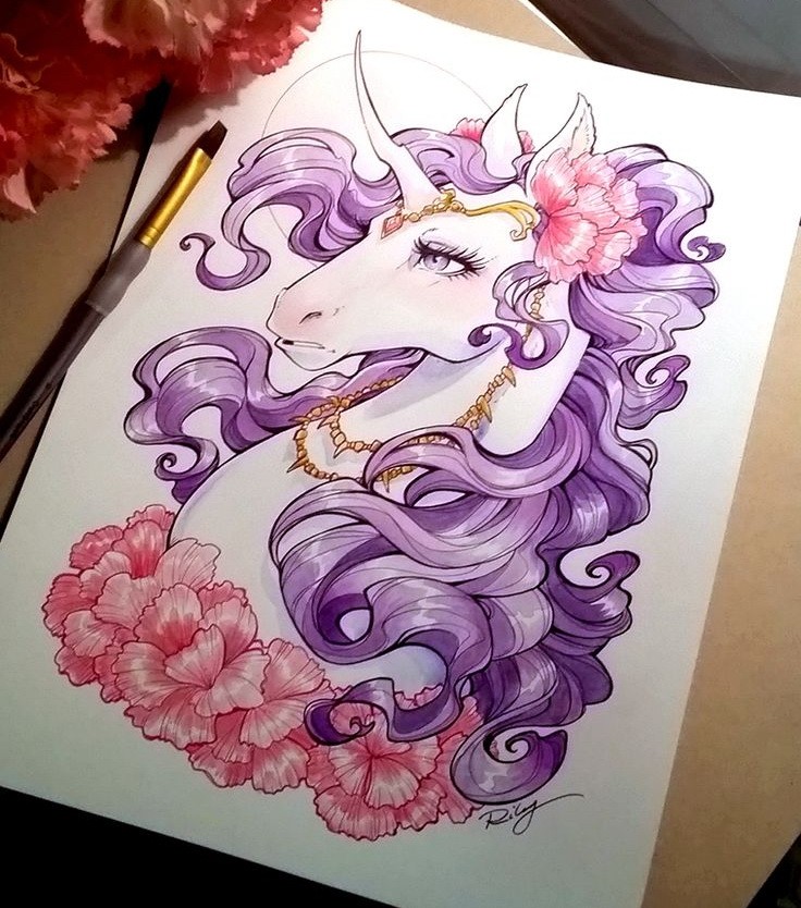 Elegant new school purple-mane unicorn with pink flowers tattoo design