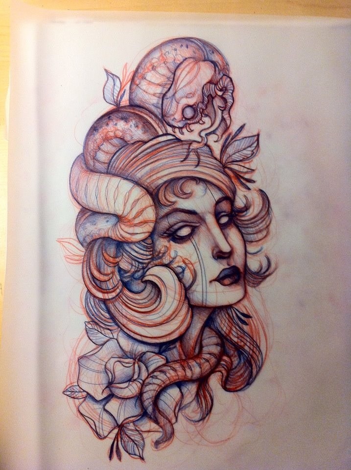 Elegant new school style medusa gorgona portrait tattoo design