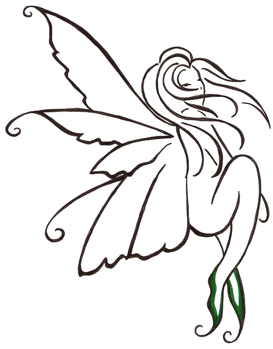 Elegant outline fairy in curled pose tattoo design