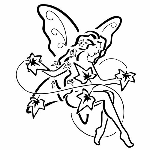 Elegant outline fairy with a lot of maple leaves tattoo design
