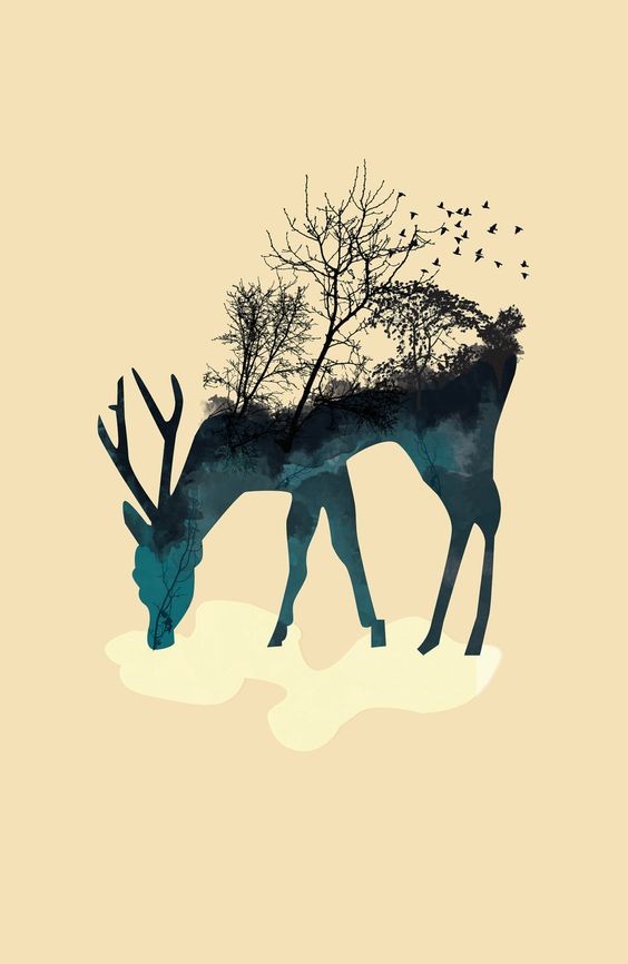 Elegant pasturing deer with night forest view inside tattoo design