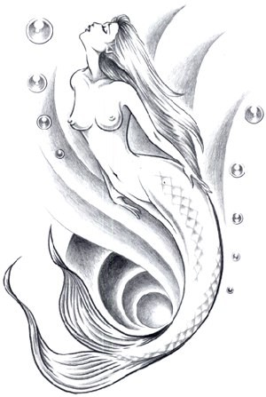 Elegant pencilwork mermaid swimming on wavy background tattoo design