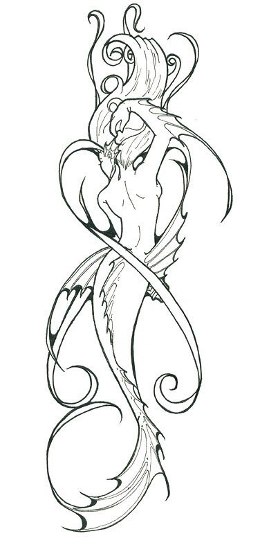 Elegant uncolored mermaid from back with curls tattoo design