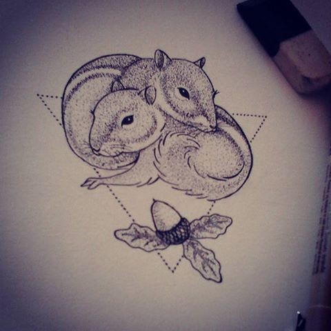 Embracing dotwork rodent couple with acorn in triangle frame tattoo design
