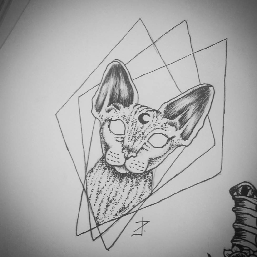 Empty-eyed dotwork cat on rhombus figures bakground tattoo design