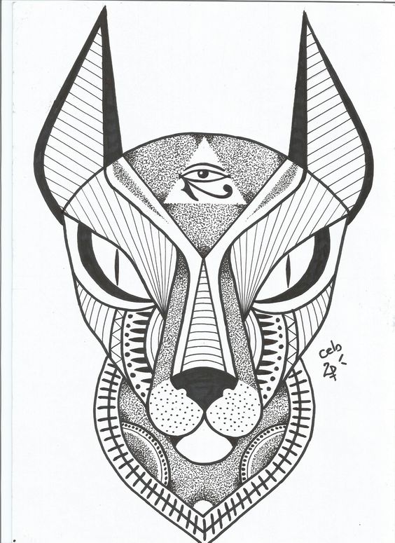 Evil-eyed patterned egyptian cat tattoo design