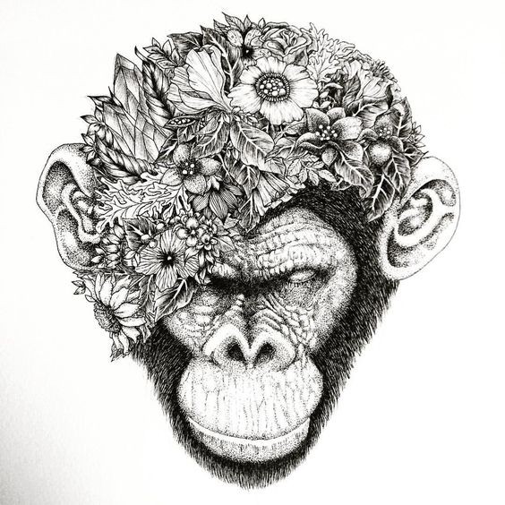 Evil black-ink chimpanzee with flowered head tattoo design