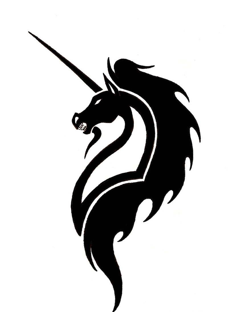 Evil black-ink unicorn profile tattoo design by Stargazertats