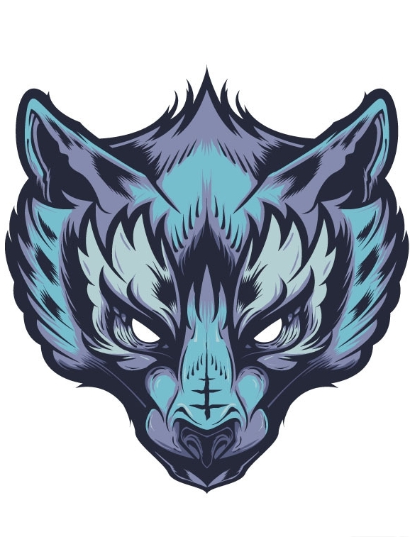 Evil blue-color wolf muzzle emblem tattoo design