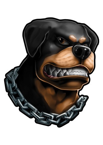 Evil colorful rottweiler portrait in chains tattoo design