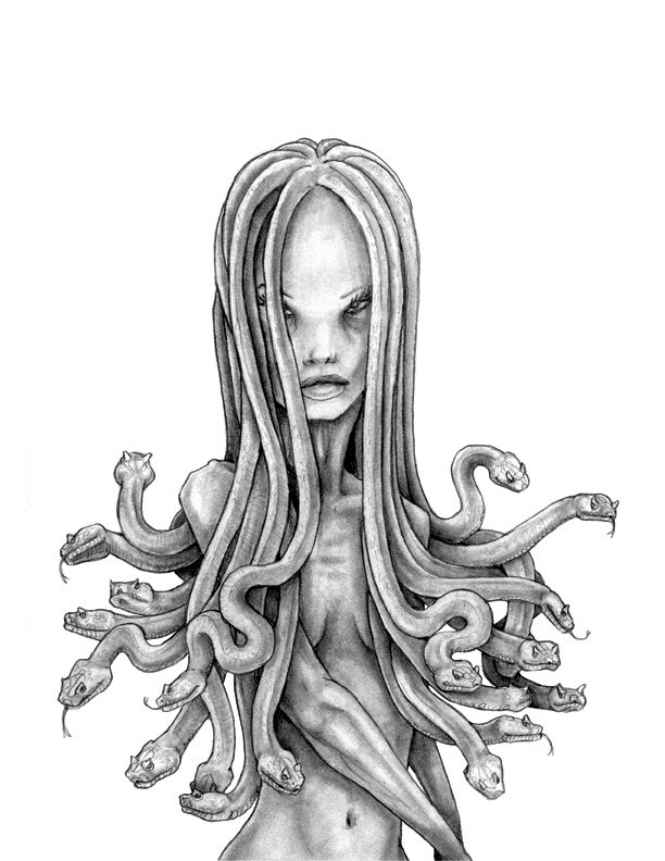 Evil grey-ink cartoon medusa gorgona with straight snakes tattoo design by Degefors