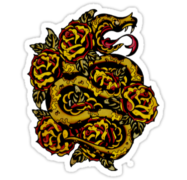 Evil hissing snake and rose buds in yellow color tattoo design