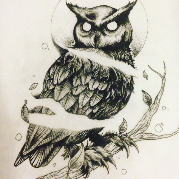 Evil mad-eyed owl tattoo design