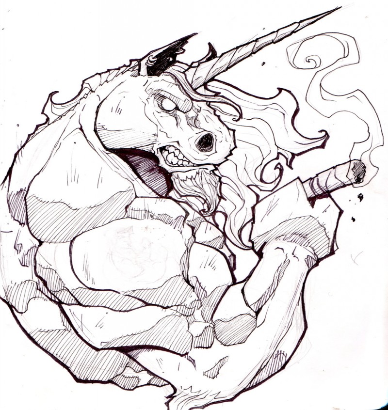 Evil musculad unicorn with a tobacco pipe tattoo design by Zipdraw