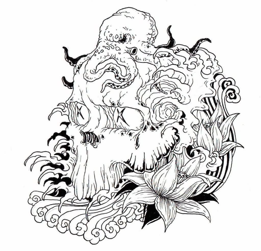 Evil octopus riding a skull in chinese style tattoo design