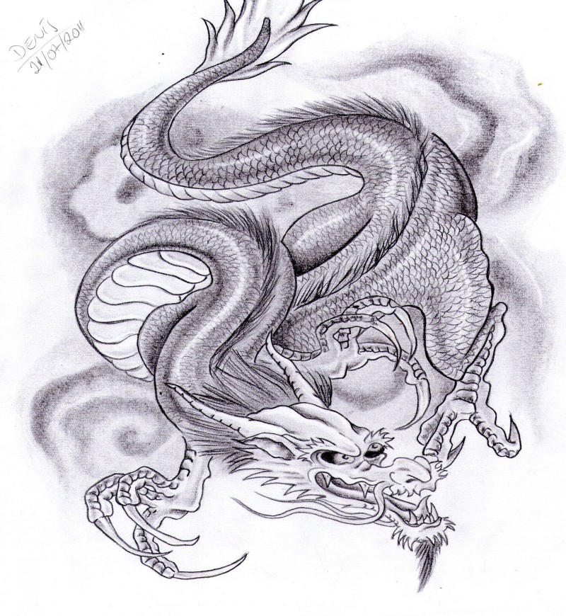 Evil oriantal dragon flying on smoky background tattoo design by Denis Tattoo 2009