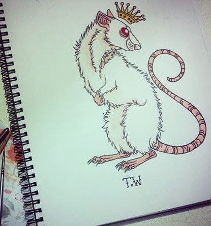 Evil red-eyed crowned mouse tattoo design