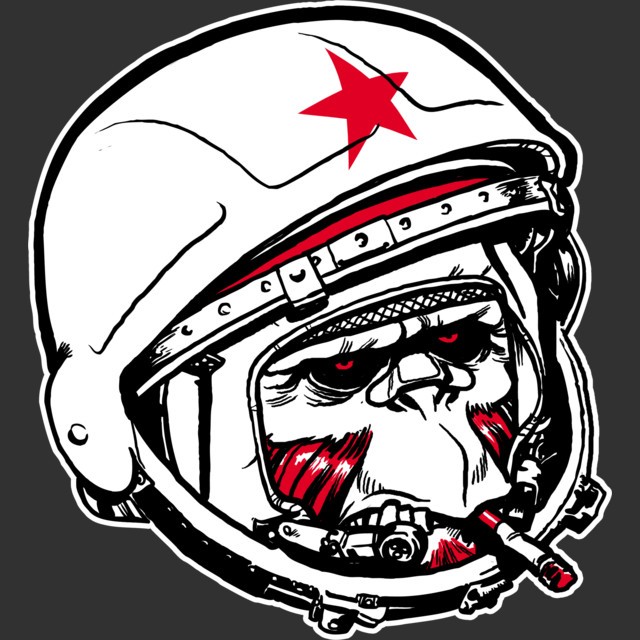 Evil red-eyed smoking chimpanzee in cosmonaut helmet tattoo design