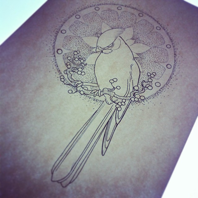 Evil white bird on dotwork mandala background tattoo design