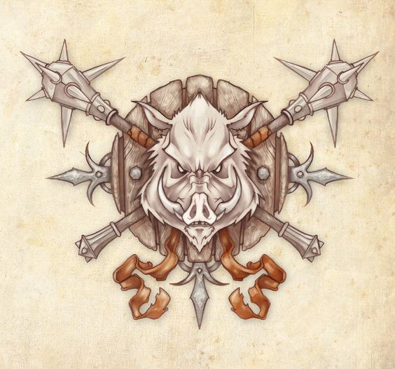 Evil wild pig head with warriors iron weapon tattoo design