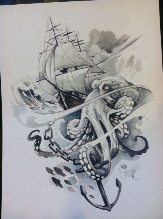 Excellent grey-color octopus attacking a ship tattoo design