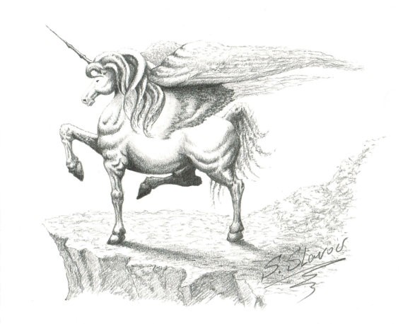 Excellent grey-ink pegasus with a horn standing on a flat rock tattoo design