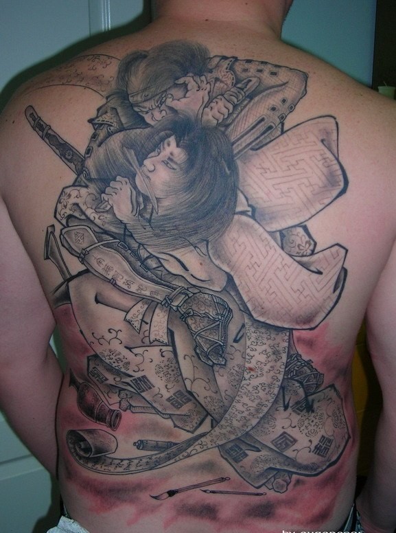 Exciting samurai fight tattoo on back