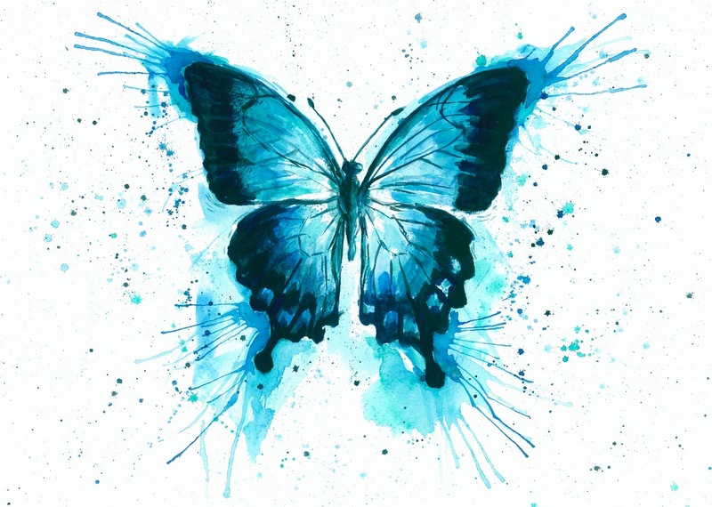 Exellent blue watercolor butterfly with a lot of splashes tattoo design