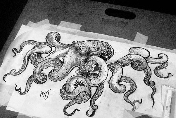 Exiting black-and-white octopus tattoo design