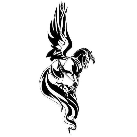 Exiting black-ink pegasus with extra long tail tattoo design