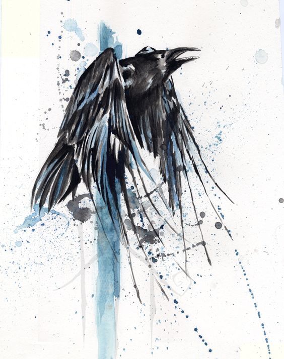 Exiting black watercolor raven in blue splashes tattoo design