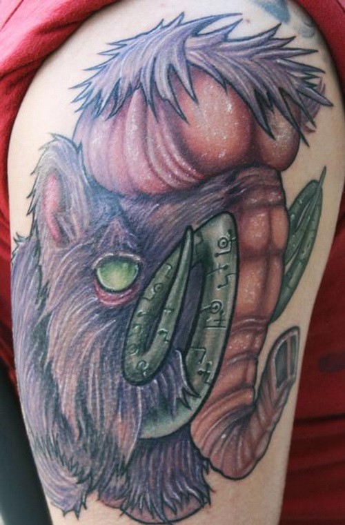 Exiting colorful mammoth baby tattoo on upper arm