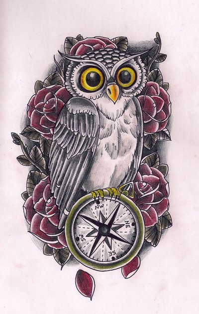 Exiting colorful owl and compass in red roses by Kirzten